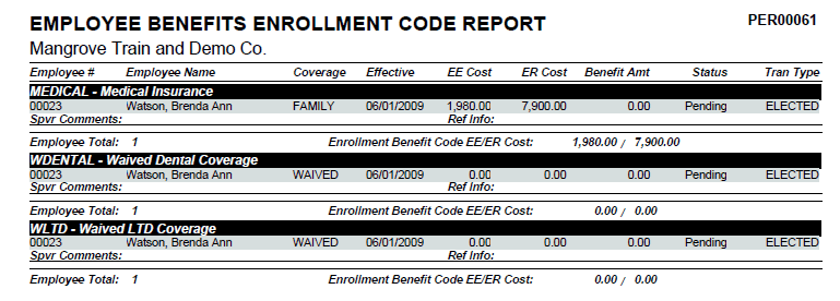 Employee Benefits Enrollment Code Report
