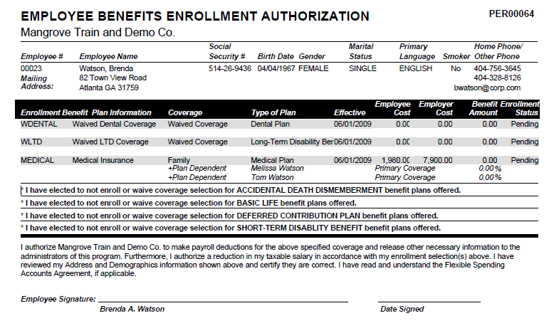 Employee Benefits Enrollment Authorization Report