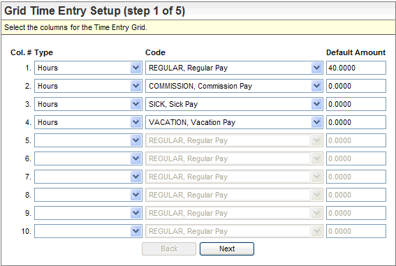 Grid Time Entry Setup