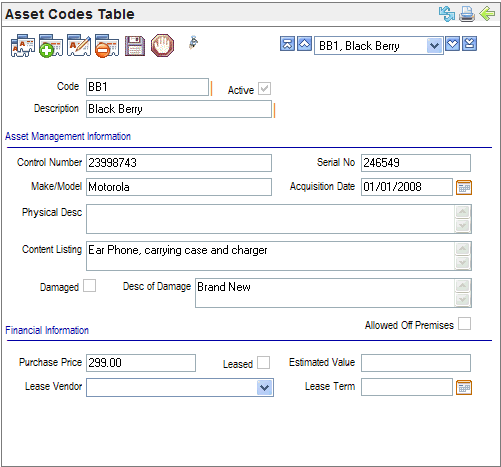 Asset Codes Table