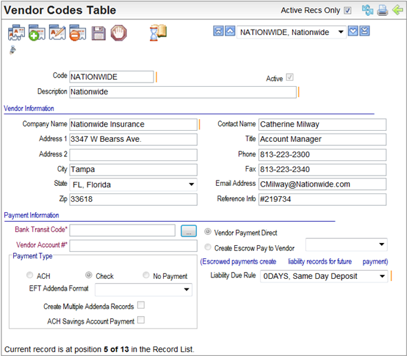 Vendor Codes Table