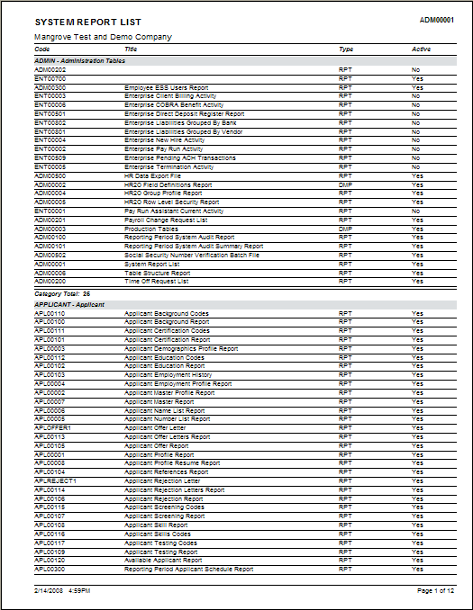 System Report List