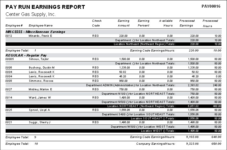 Pay Run Earnings Report, PAY00016