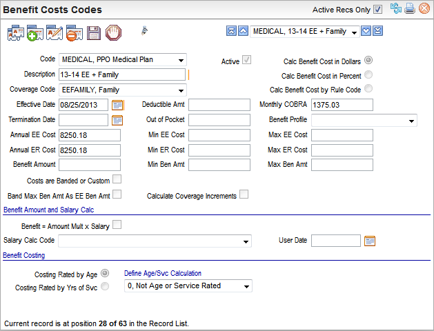 Benefit Cost Code for Family Medical Coverage