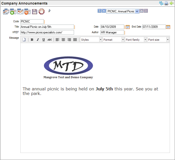 Company Announcements Table