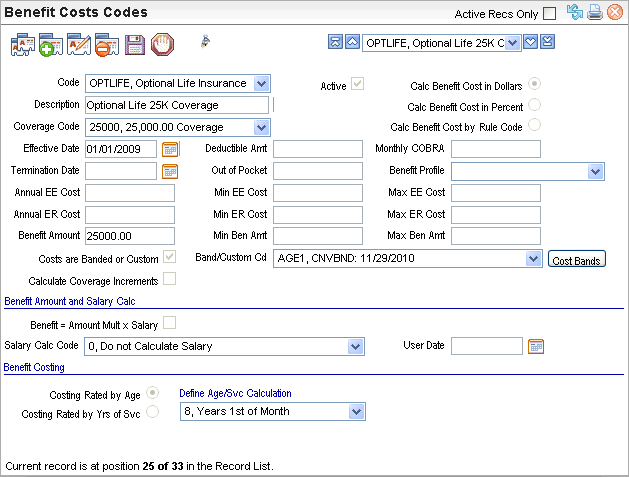 Benefit Cost Code for Optional Life with Cost Band selected