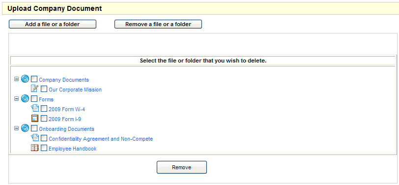 Screen to Delete a File or Folder in Company Documents