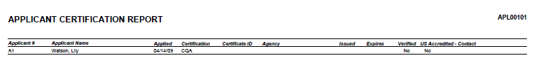 Applicant Certification Report, APL00101