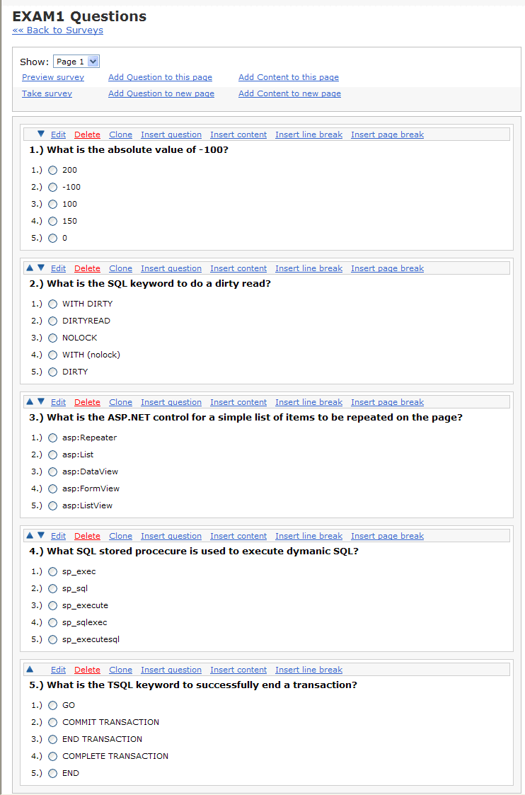 Questions Setup Page